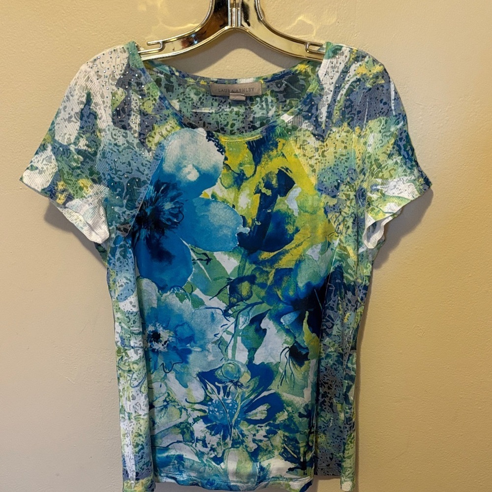 Laura Ashley Blue and Green Floral Short Sleeve Top